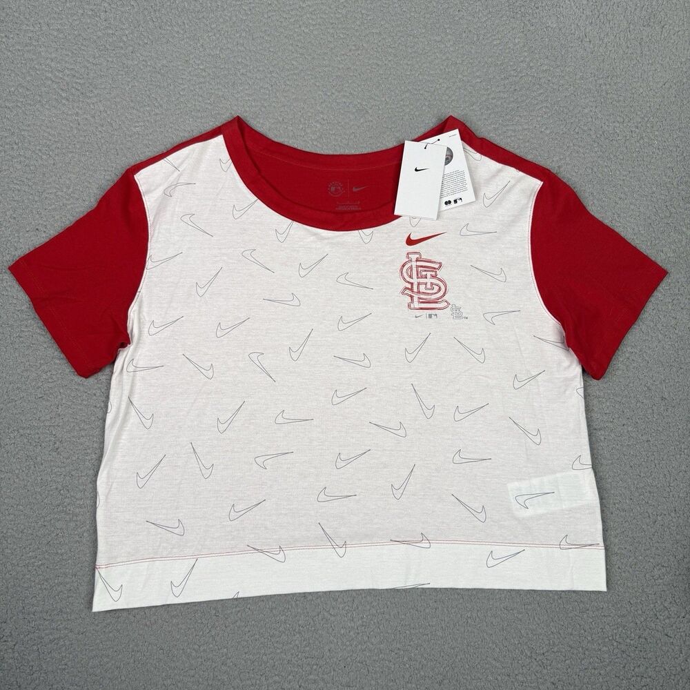 St Louis Cardinals Shirt Women L Red White Nike Swoosh Baseball High Hip Top NWT
